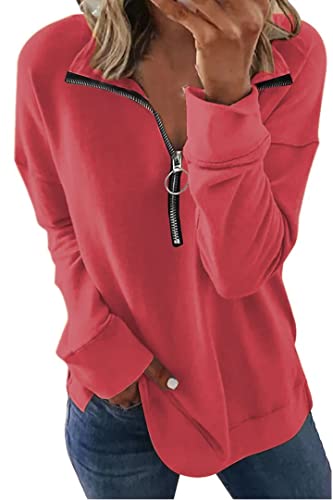 SMENG Sweatshirt Damen 1/4 Reißverschluss Damen Pullover Langarmshirt Damen Pullover Damen Baumwolle Pullover Damen Pulovererdamen Damen Pullover Oversize Rot XL von SMENG