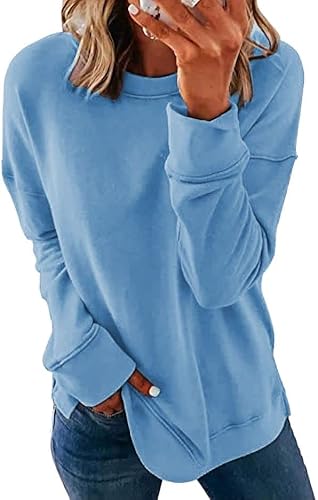 SMENG Sweatshirt Damen Casual Einfarbig Rundhals Damen Loose Pullover Sweatshirt Langarm Tops Comfort Pullover Blau L von SMENG