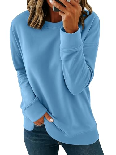 SMENG Sweatshirt Damen Casual Einfarbig Rundhals Damen Loose Pullover Sweatshirt Langarm Tops Comfort Pullover Blau XXL von SMENG