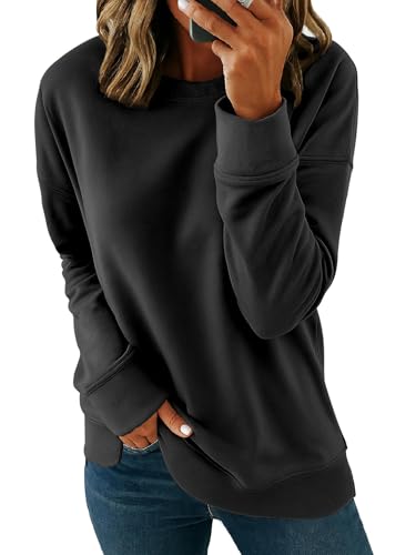 SMENG Sweatshirt Damen Casual Einfarbig Rundhals Damen Loose Pullover Sweatshirt Langarm Tops Comfort Pullover Schwarz XXL von SMENG