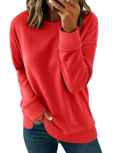 SMENG Damen Pullover Sweatshirt Langarmshirt Oversize Aus Baumwolle in Rot XXL von SMENG