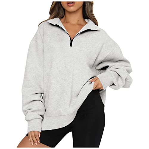 SMENG Sweatshirt für Damen Frauen Einfarbig Damen-Sweatshirt mit halbem Reißverschluss Casual Pullover Einfarbig Pullover Grau L von SMENG