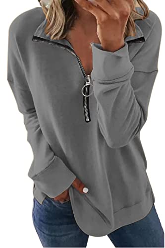 SMENG Sweatshirt für Frauen 1/4 Reißverschluss Pullover mit Rundhalsausschnitt Casual Workout T-Shirt Einfarbig Pullover Tops Hellgrau XL von SMENG