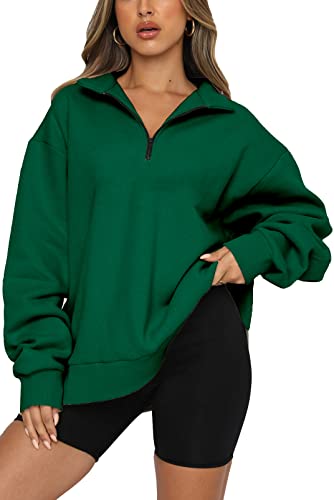 SMENG Sweatshirt Damen Mit Halbem Reißverschluss Casual Pullover Damen Einfarbig Longsleeve Damen Oversize Y2k Pulli Damen Workout Damen Pullover Elegant Grün Grün L von SMENG