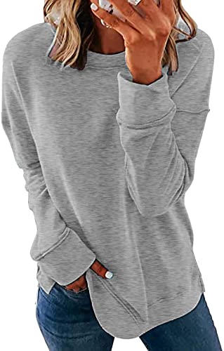 SMENG Sweatshirt für Frauen Pullover mit Rundhalsausschnitt Casual Workout T-Shirt Einfarbig Pullover Tops Hellgrau L von SMENG