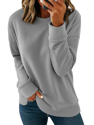 SMENG Sweatshirt für Frauen Pullover mit Rundhalsausschnitt Casual Workout T-Shirt Einfarbig Pullover Tops Hellgrau S von SMENG