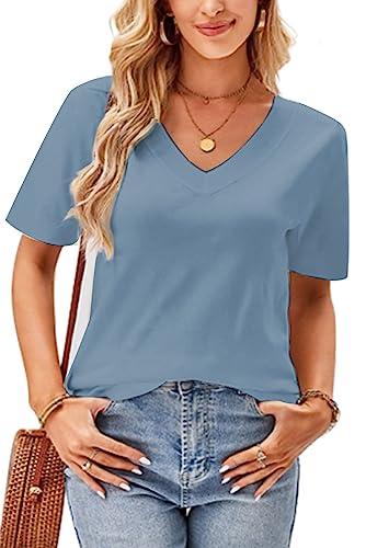 SMENG Tops Für Damen Tshirt Damen Oversized Tshirt Damen Sommer Kurzarm Shirts Oberteile Casual V-Ausschnitt Einfarbige Lose Basic Tops Beiläufig Baumwolle Bluse Blau S von SMENG