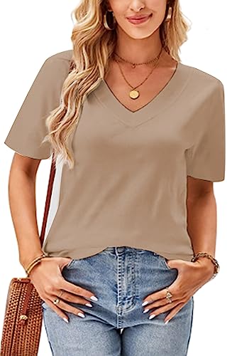 SMENG Tshirt Damen Casual Tops Für Damen Kurzarm Shirt Damen Sommer Oberteil Einfarbige Lose Tops Baumwoll Tshirt Damen Khaki L von SMENG