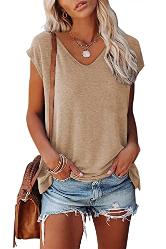 SMENG t Shirt Kurzarm Damen Trendige Oberteile Sommer Blickdicht modern v Ausschnitt sexy Leichter Pullover sportsachen Rocker College Sale Khaki L von SMENG