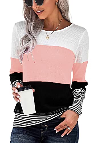 SMENG Langarmshirt Damen Tshirt Damen Pullover Lang Elegant Tops Casual Farbblock Oversize Rundhals Shirt Sweatshirt Leichte Bluse Langarmshirt Rosa M von SMENG