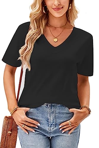 SMENG Tshirt Damen V Ausschnitt Kurzarm Shirt Damen Oversize Shirt Damen Casual Oberteile Damen Oversized Tshirt Damen Einfarbige Lose Basic Tops Für Damen Schwarz L von SMENG