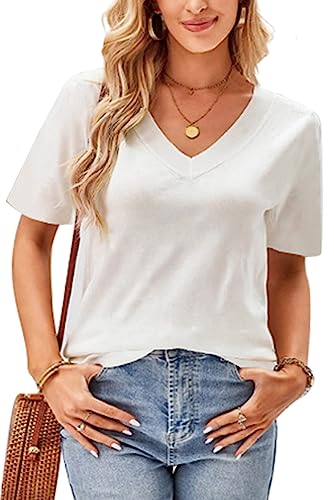 SMENG Tshirt Damen Weiss Tshirt Damen V Ausschnitt Kurzarm Shirt Damen Einfarbige Lose Basic Tops Tshirt Damen Oversize Weiß L von SMENG