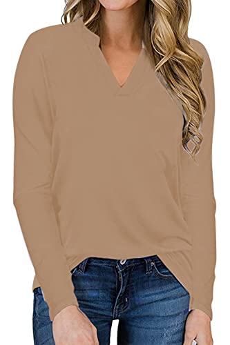 SMENG t Shirt Damen Trendige Oberteile Blickdicht modern v Ausschnitt sexy Leichter Pullover sportsachen Rocker College Sale Langarmshirt Khaki XXL von SMENG