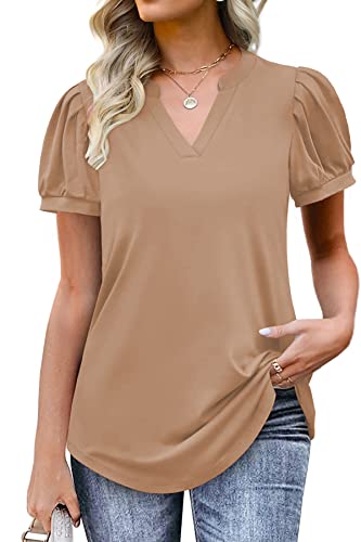 SMENG t Shirt Kurzarm Damen Trendige Oberteile Sommer Blickdicht modern sportsachen Rocker College Sale Tops v Ausschnitt sexy Leichter Pullover Khaki M von SMENG