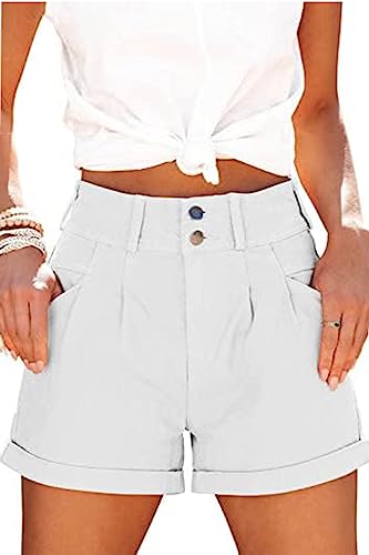SNENG Jeans Shorts Damen kurz weites Bein high Waist mit Knöpfe Locker Stretch Hosen kurzen Sommerkleidung weiße L von SMENG
