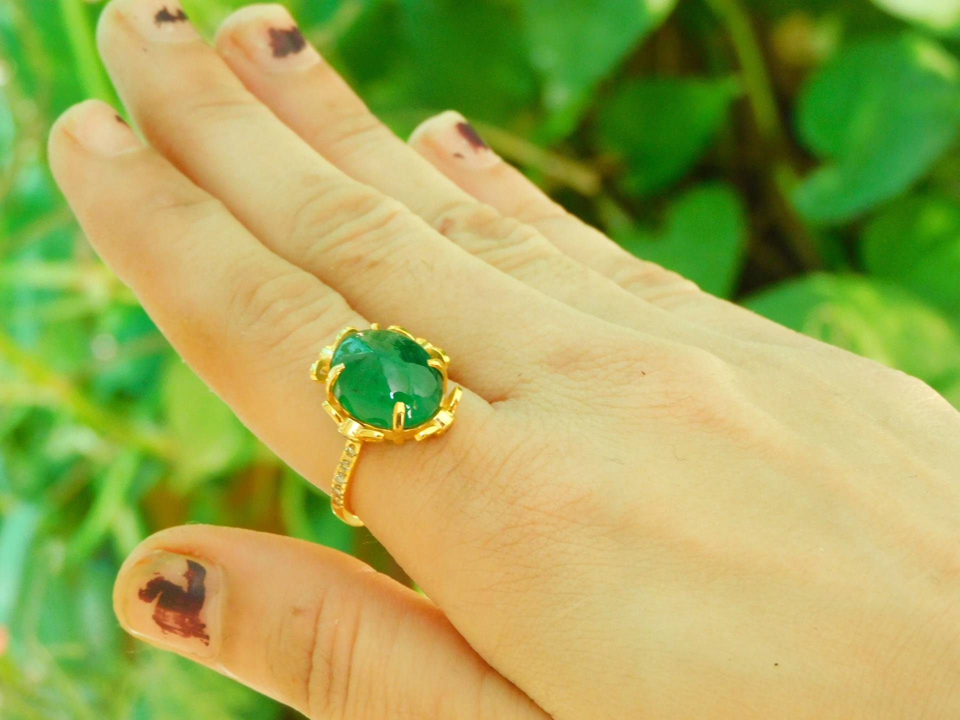 5 Karat Cabochon-Ring Aus Natürlichem Ovalem Smaragd Und Diamant/Verlobungsring Massivem Gold Mit Mai-Geburtsstein Geschenkring von SMGEMSIndia