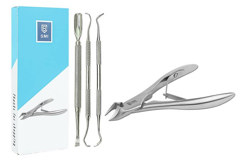 SMI Nagelzange Fußpflege Set Fußnagelzange dicke Nägel Eckenheber Nagelhautschieber, 4-tlg., gebogene Klinge von SMI