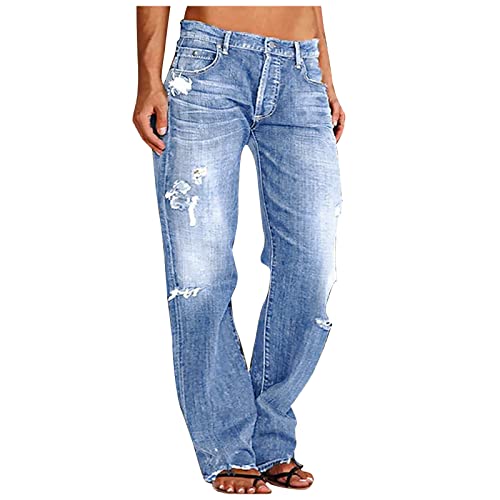 SMIDOW Gestapelte Damen-Jeans, Boyfriend-Jeans, Distressed-Jeans, Baggy-Cargohose, Jeans, gerades Bein, #05 Hellblau, S von SMIDOW