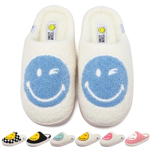SMILEYWORLD Hausschuhe Damen Herren Memory Foam Flauschige Pantoffeln Winterliche Kuschelig Warme Plüschschuhe für Drinnen, Blau Weiß von SMILEYWORLD