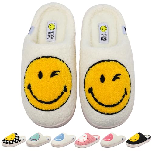 SMILEYWORLD Hausschuhe Damen Herren Memory Foam Flauschige Pantoffeln Winterliche Kuschelig Warme Plüschschuhe für Drinnen, Gelb Weiß von SMILEYWORLD