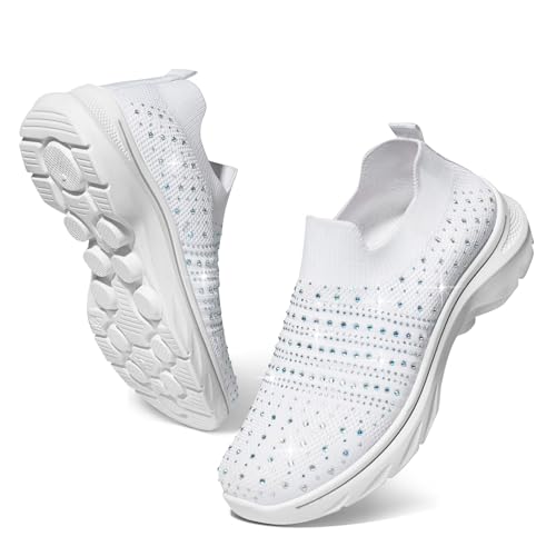 SMILIN Damen Strass Sneaker Bequeme Bling Sparkly Glitter Tennisschuhe Atmungsaktive Mesh Slip On Walking Schuhe für Frauen, Weiss/opulenter Garten, 37.5 EU von SMILIN