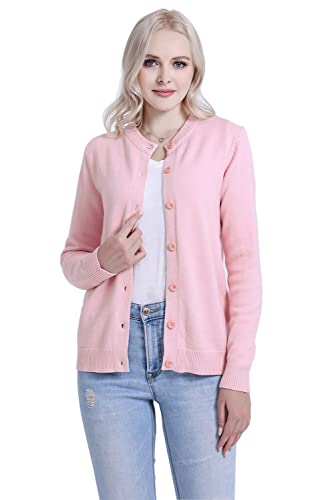 SMILING PINKER Damen Strickjacke Cardigan Basic Rundhalsausschnitt Strickmantel mit Knopf(Rosa,L) von SMILING PINKER