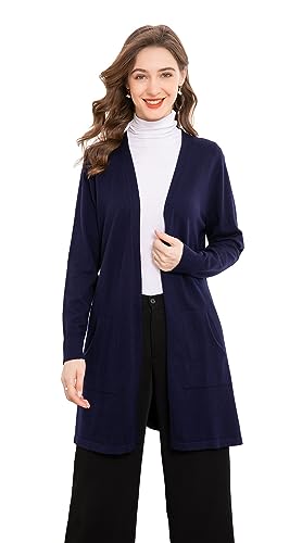 SMILING PINKER Damen Strickjacke Lang Leicht Langarm Offen Strickmantel mit Taschen(Marineblau,Large) von SMILING PINKER