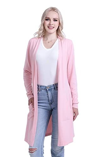 SMILING PINKER Damen Strickjacke Lang Leicht Langarm Offen Strickmantel mit Taschen(Rosa,Small) von SMILING PINKER