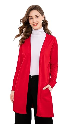 SMILING PINKER Damen Strickjacke Lang Leicht Langarm Offen Strickmantel mit Taschen(Rot,M) von SMILING PINKER