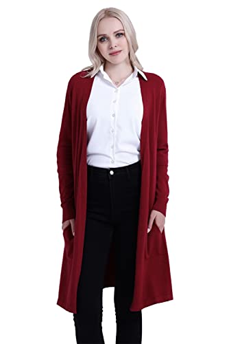 SMILING PINKER Damen Strickjacke Lang Leicht Langarm Offen Strickmantel mit Taschen(Weinrot,Large) von SMILING PINKER