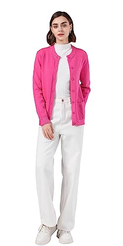 SMILING PINKER Damen Strickjacke Langarm Cardigan Warm Rundhals Strickweste Jacke mit Knopfleiste und Taschen(Heißes Rosa,3XL) von SMILING PINKER