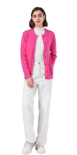 SMILING PINKER Damen Strickjacke Langarm Cardigan Warm Rundhals Strickweste Jacke mit Knopfleiste und Taschen(Heißes Rosa,M) von SMILING PINKER