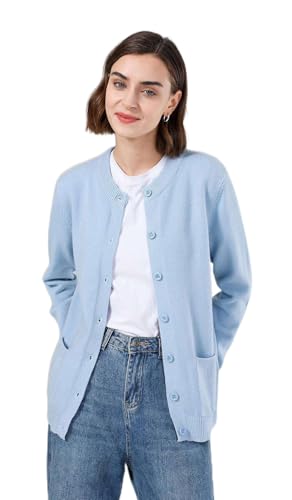 SMILING PINKER Damen Strickjacke Langarm Cardigan Warm Rundhals Strickweste Jacke mit Knopfleiste und Taschen(Hellblau,3XL) von SMILING PINKER