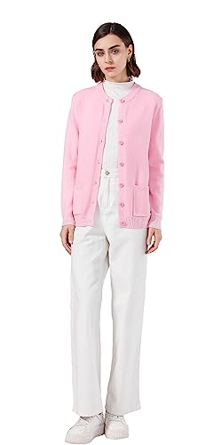 SMILING PINKER Damen Strickjacke Langarm Cardigan Warm Rundhals Strickweste Jacke mit Knopfleiste und Taschen(Rosa,3XL) von SMILING PINKER