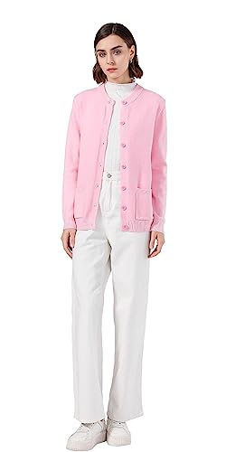 SMILING PINKER Damen Strickjacke Langarm Cardigan Warm Rundhals Strickweste Jacke mit Knopfleiste und Taschen(Rosa,S) von SMILING PINKER