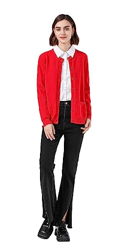 SMILING PINKER Damen Strickjacke Langarm Cardigan Warm Rundhals Strickweste Jacke mit Knopfleiste und Taschen(Rot,3XL) von SMILING PINKER