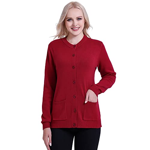 SMILING PINKER Damen Strickjacke Langarm Cardigan Warm Rundhals Strickweste Jacke mit Knopfleiste und Taschen (as3, Alpha, 3X_l, Regular, Regular, Cranberry) von SMILING PINKER