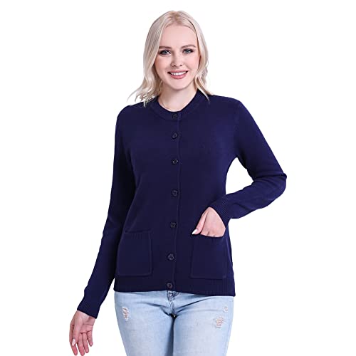 SMILING PINKER Damen Strickjacke Langarm Cardigan Warm Rundhals Strickweste Jacke mit Knopfleiste und Taschen (as3, Alpha, 3X_l, Regular, Regular, Marineblau) von SMILING PINKER