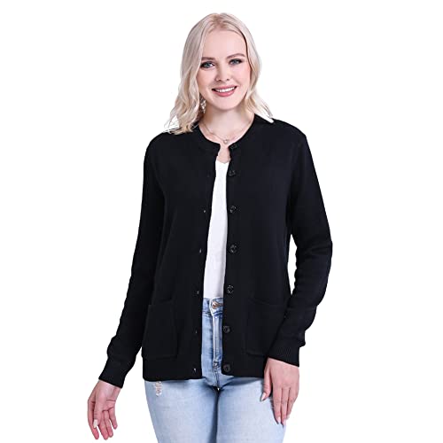 SMILING PINKER Damen Strickjacke Langarm Cardigan Warm Rundhals Strickweste Jacke mit Knopfleiste und Taschen (as3, Alpha, m, Regular, Regular, Schwarz) von SMILING PINKER