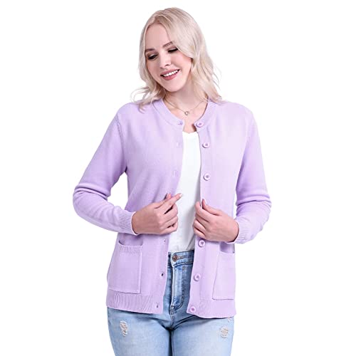 SMILING PINKER Damen Strickjacke Langarm Cardigan Warm Rundhals Strickweste Jacke mit Knopfleiste und Taschen (as3, Alpha, m, Regular, Regular, Violet) von SMILING PINKER