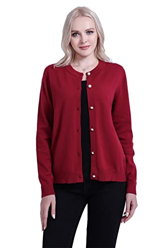 SMILING PINKER Damen Strickjacke Langarm Rundhals Cardigan Mittelschwere Weich Pullover Jacke mit Perle Knopf(Cranberry,3XL) von SMILING PINKER