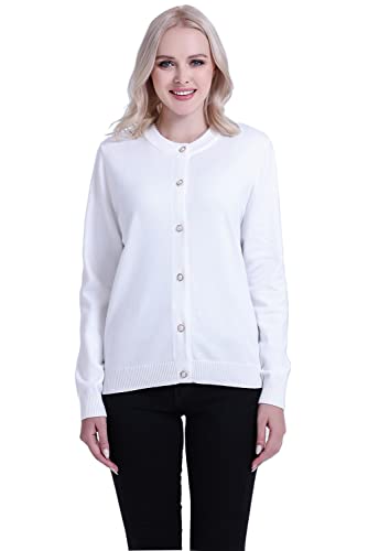 SMILING PINKER Damen Strickjacke Langarm Rundhals Cardigan Mittelschwere Weich Pullover Jacke mit Perle Knopf(Elfenbein,XL) von SMILING PINKER