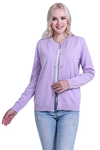 SMILING PINKER Damen Strickjacke Langarm Rundhals Cardigan Mittelschwere Weich Pullover Jacke mit Perle Knopf(Lavendel,L) von SMILING PINKER