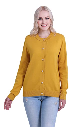 SMILING PINKER Damen Strickjacke Langarm Rundhals Cardigan Mittelschwere Weich Pullover Jacke mit Perle Knopf(Mustard,XL) von SMILING PINKER