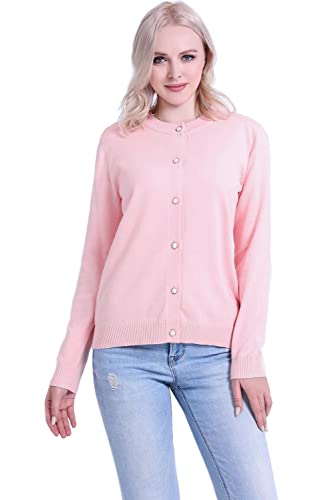 SMILING PINKER Damen Strickjacke Langarm Rundhals Cardigan Mittelschwere Weich Pullover Jacke mit Perle Knopf(Rosa,L) von SMILING PINKER