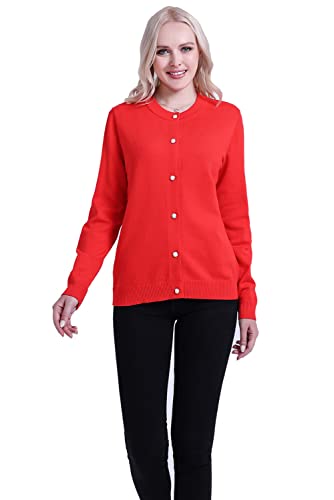 SMILING PINKER Damen Strickjacke Langarm Rundhals Cardigan Mittelschwere Weich Pullover Jacke mit Perle Knopf(Rot,3XL) von SMILING PINKER