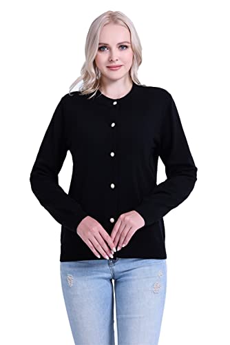 SMILING PINKER Damen Strickjacke Langarm Rundhals Cardigan Mittelschwere Weich Pullover Jacke mit Perle Knopf(Schwarz,L) von SMILING PINKER