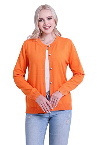SMILING PINKER Damen Strickjacke Rundhals Pullover Perlen Knöpfe Langarm Strickoberteil, Orange, L von SMILING PINKER