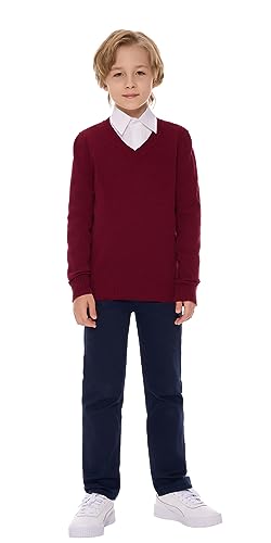 SMILING PINKER Jungen Pullover V-Ausschnitt Uniform Langärmelig Stricken Basic Sweater(Burgund,13-14 Jahre) von SMILING PINKER