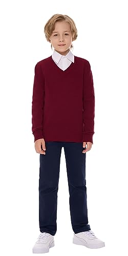 SMILING PINKER Jungen Pullover V-Ausschnitt Uniform Langärmelig Stricken Basic Sweater(Burgund,8-9 Jahre) von SMILING PINKER